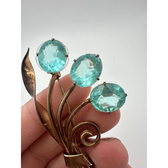 Jay Kel rose gold vermeil sterling silver aqua blue glass rhinestones brooch pin - Picture 5 of 11
